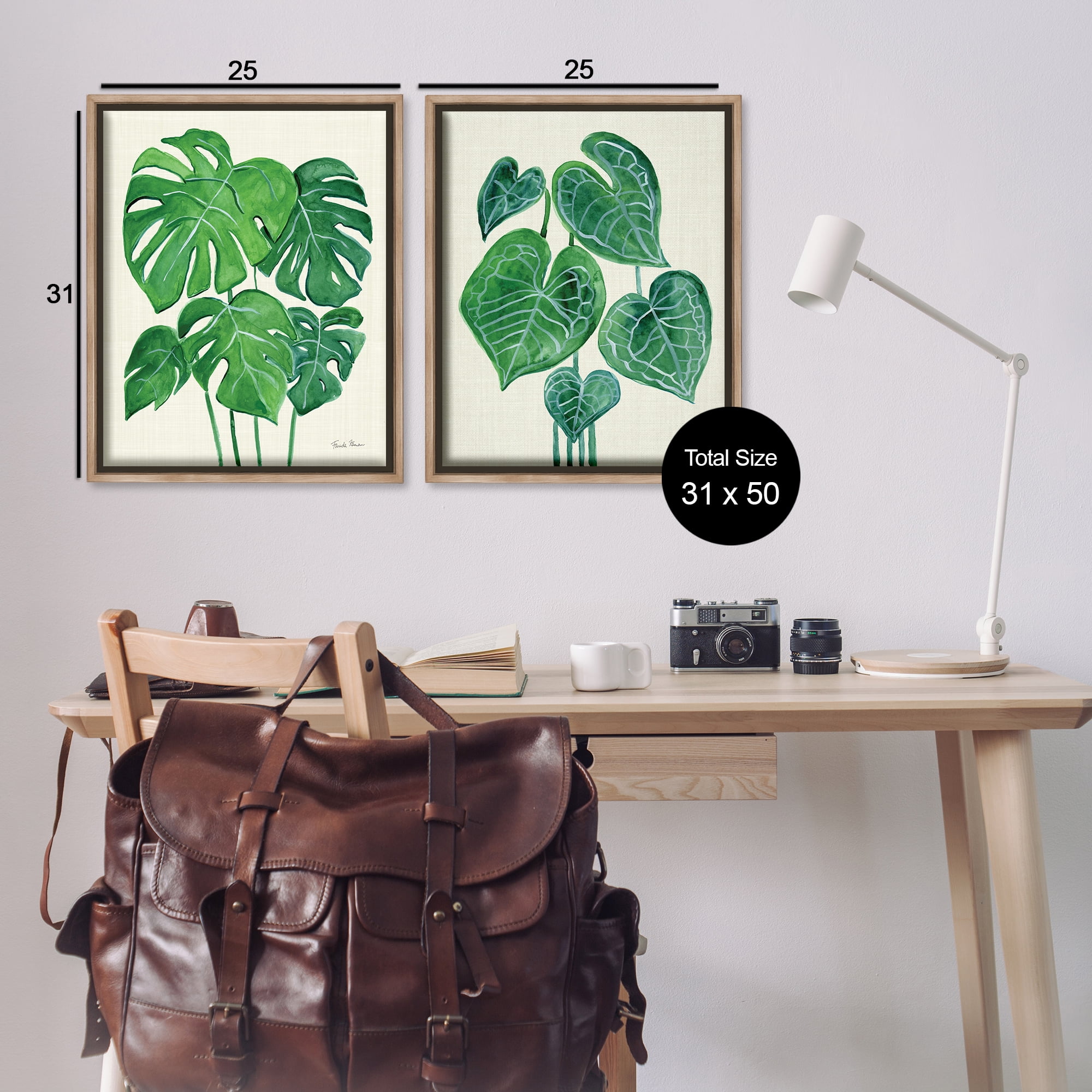 Stupell Industries Thriving Detailed Monstera Leaves Plants & Flowers Painting Brown Floater Framed Canvas Art Print Wall Art, 31 x 25, Set of 2