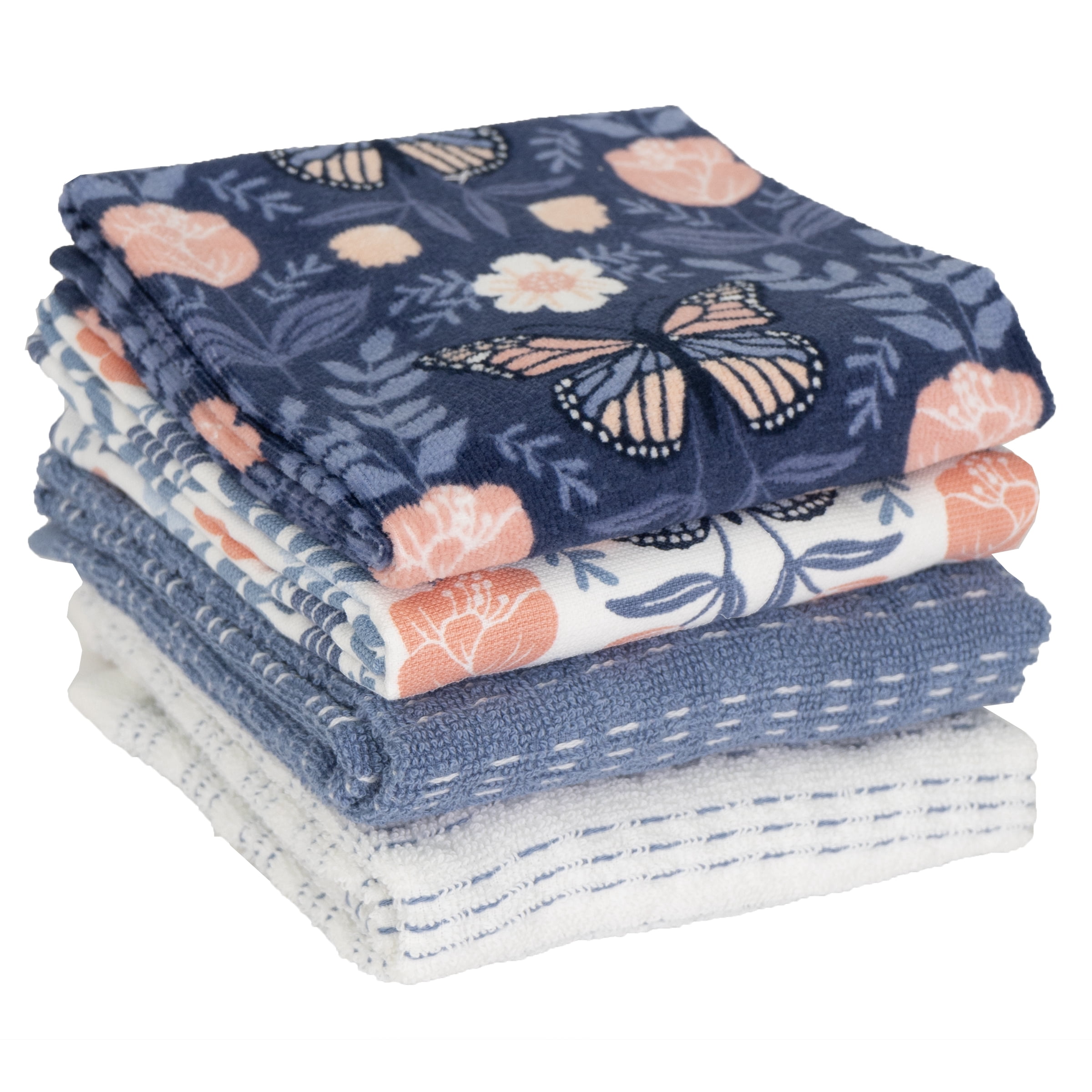 RITZ 100% Cotton Kitchen Towels, Butterfly Spring – Absorbent Dish Towels for Drying & Cleaning – Soft & Durable (Set of 4)