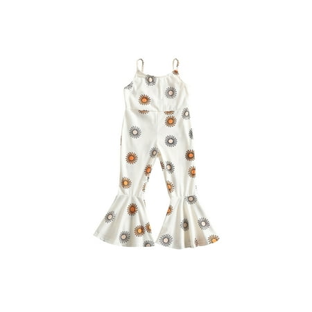 

jaweiw Little Girl’s Casual Suspender Jumpsuit Sun/Flower Printed U-neck Flared Pants Long Romper