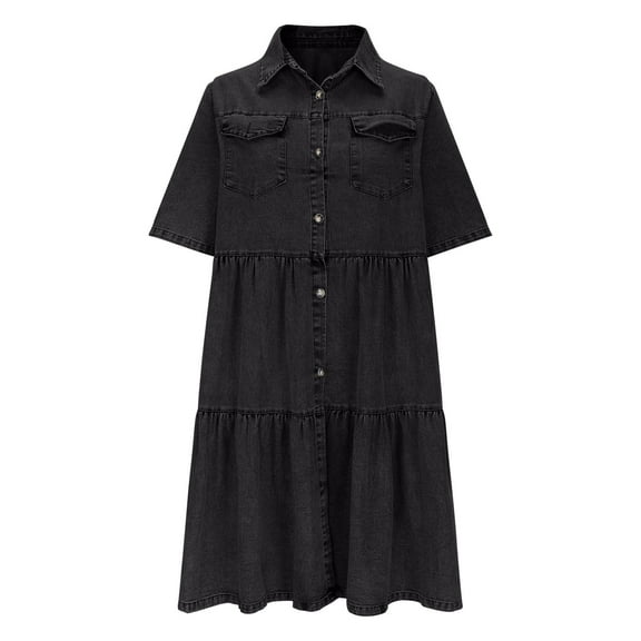Qiopertar Women's Summer Casual Loose Short Sleeve Denim Dress Single Breasted Button Down Casual Beach Vacation Party A-Line Midi Dress, Black M