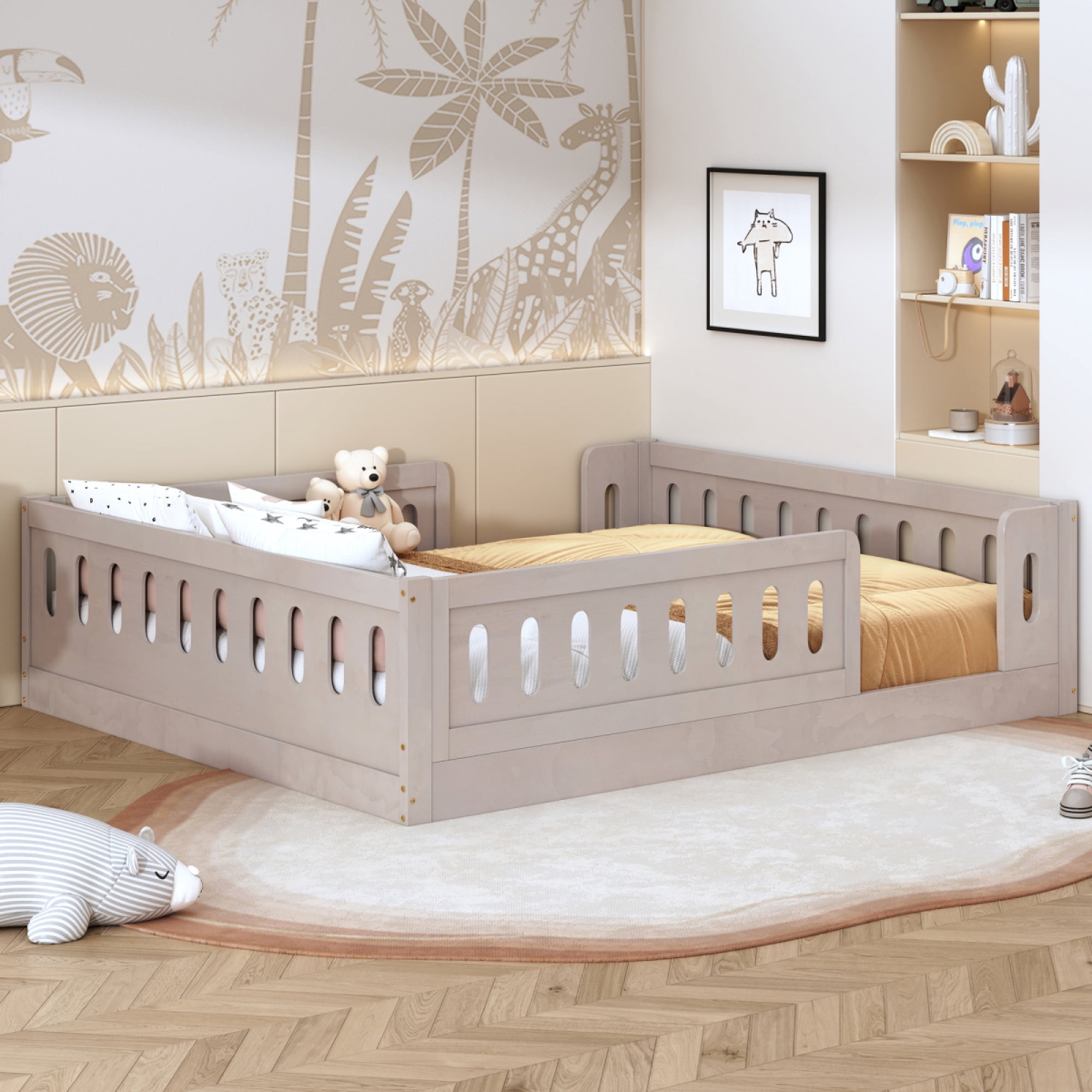 Wood Full Size Platform Bed with Guardrail for Kids Bedroom, No Box Spring Needed,Natural