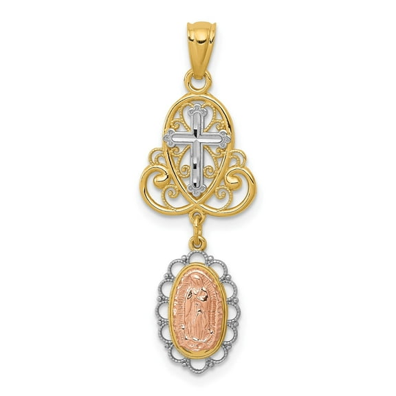 14k Tri-Tone Gold Guadalupe Virgin Mary Cross Pendant Necklace Catholic Religious Medallion Jewelry for Men and Women Spiritual Devotional Charm Accessory