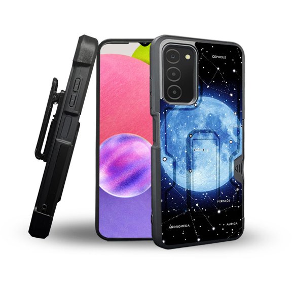 ANJ  Rugged Shockproof Holster Case Card Slot Kickstand   Tempered Glass Cover for Samsung Galaxy A03s - Blue Moon Constellation
