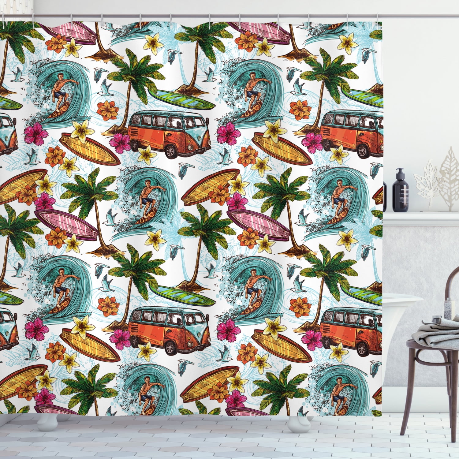 Ocean Shower Curtain, Hawaiian Surfer on Wavy Deep Sea Retro Style Palm Trees Flowers Surf