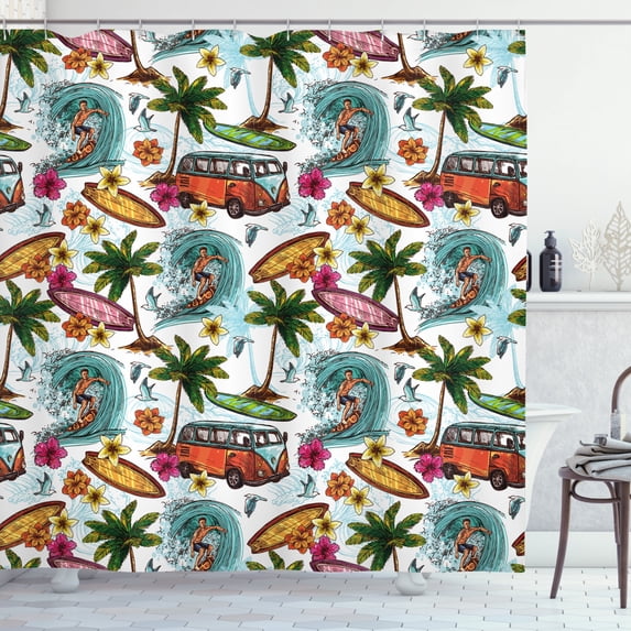 Ocean Shower Curtain, Hawaiian Surfer on Wavy Deep Sea Retro Style Palm Trees Flowers Surf Boards Print, Fabric Bathroom Set with Hooks, 69W X 84L Inches Extra Long, Multicolor, by Ambesonne