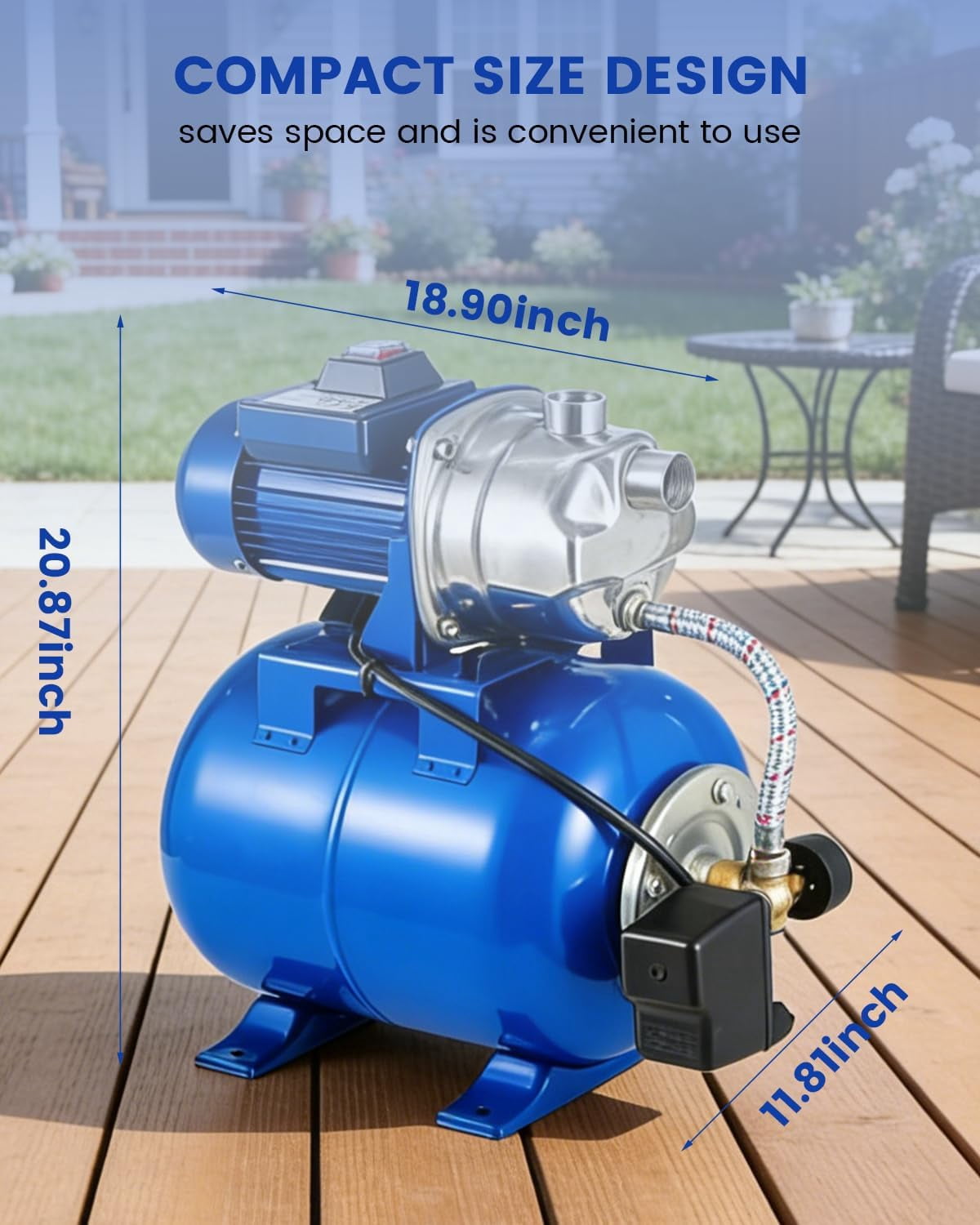 QinaQin Shallow Well Pump with Pressure Tank,Powerful 1.6HP 1320GPH High Flow,164ft Max Head,Stainless Steel Construction,Auto Pressure Switch for Home Farm ,Blue