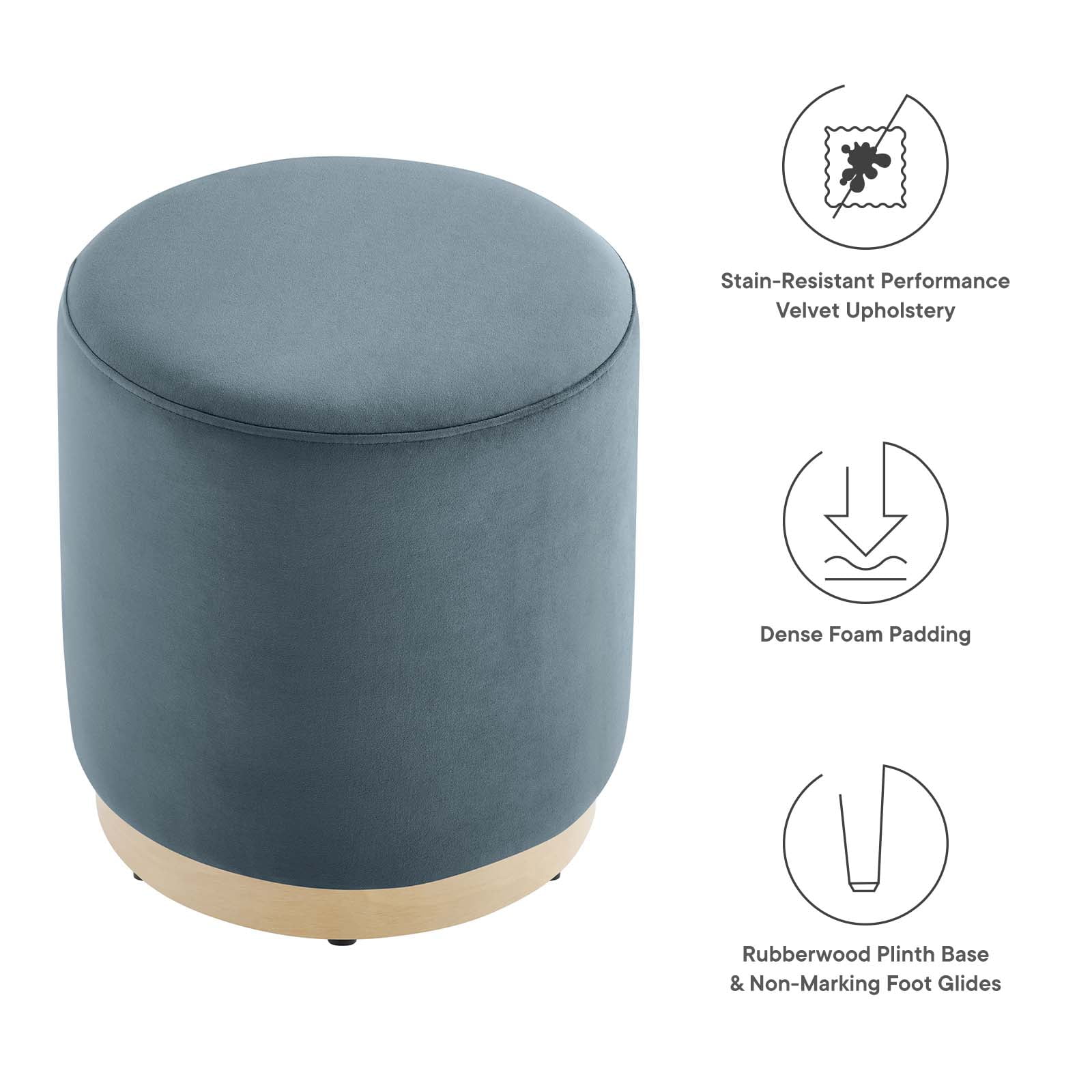 Tilden 16" Round Performance Velvet Upholstered Ottoman in Cadet Blue Natural