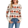 thumbnail image 2 of Halloween Sweaters for Women 2026 Fall Pumpkin Knit Pullover Sweater Fair isle Crewneck Beige Sweaters Shermie, 2 of 9