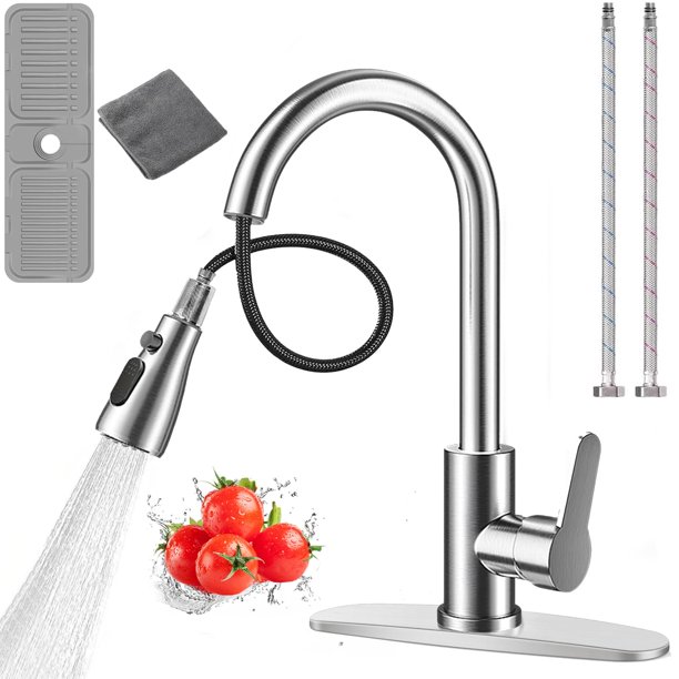 Mezcladora para Fregadero de Acero Inoxidable 304, Grifo de Cocina Acero Extraible, con 2 Modos de Chorros y Rotación 360°, Diseño de Agua Fría y Caliente (pla