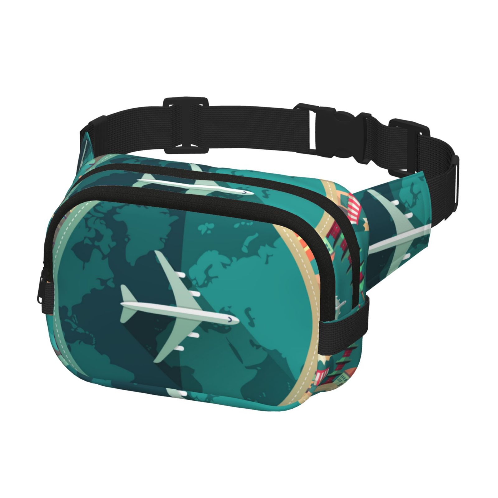 Picia Around The Planet Print Square Double-Layer Waist Bag Mini Adjustable Waist Belt Bag Exercise Running Travel Hiking