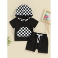 thumbnail image 3 of Hirigin Toddler Baby Boy Summer Clothes Sets Checkerboard Plaid Hoodie Short Sleeve T-Shirt Casual Shorts Set Cute Outfits, 3 of 8