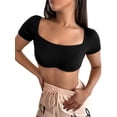 thumbnail image 2 of hirigin Women Summer Midriff-baring T-shirt Tops, Leisure Style Slim Backless Solid Color Square Collar Short Sleeve Crop Top, 2 of 5