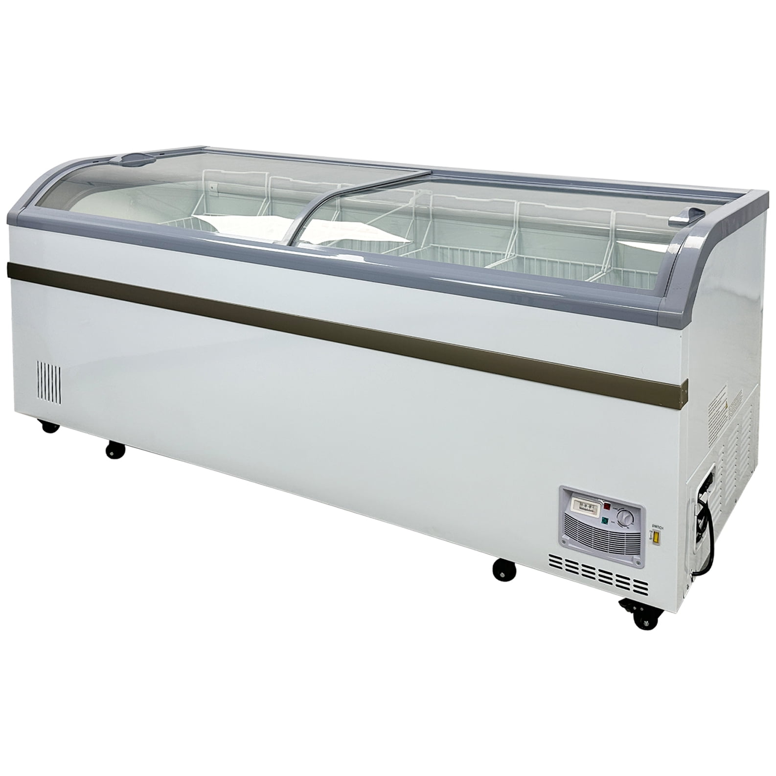 79” Commercial Ice Cream Freezer Display Case with Sliding Curved Glass Top, 27 Cu. Ft., 115V R290, NSF Certified