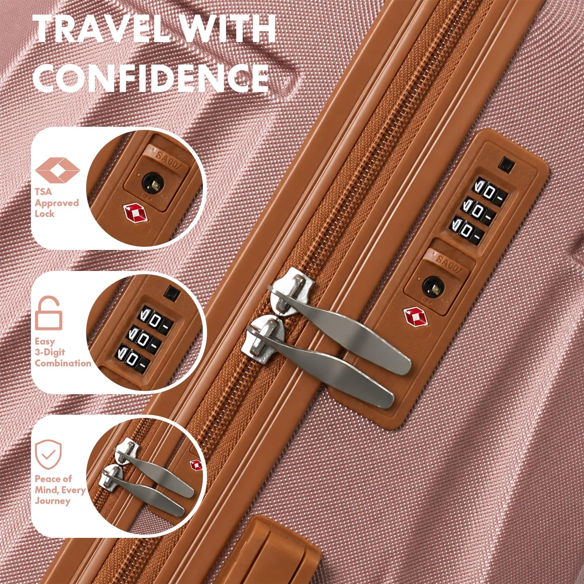 3-Piece ABS Hardshell Luggage Set, Lightweight Scratch-Resistant Suitcases with Silent Spinner Wheels & TSA Lock, Rose Gold