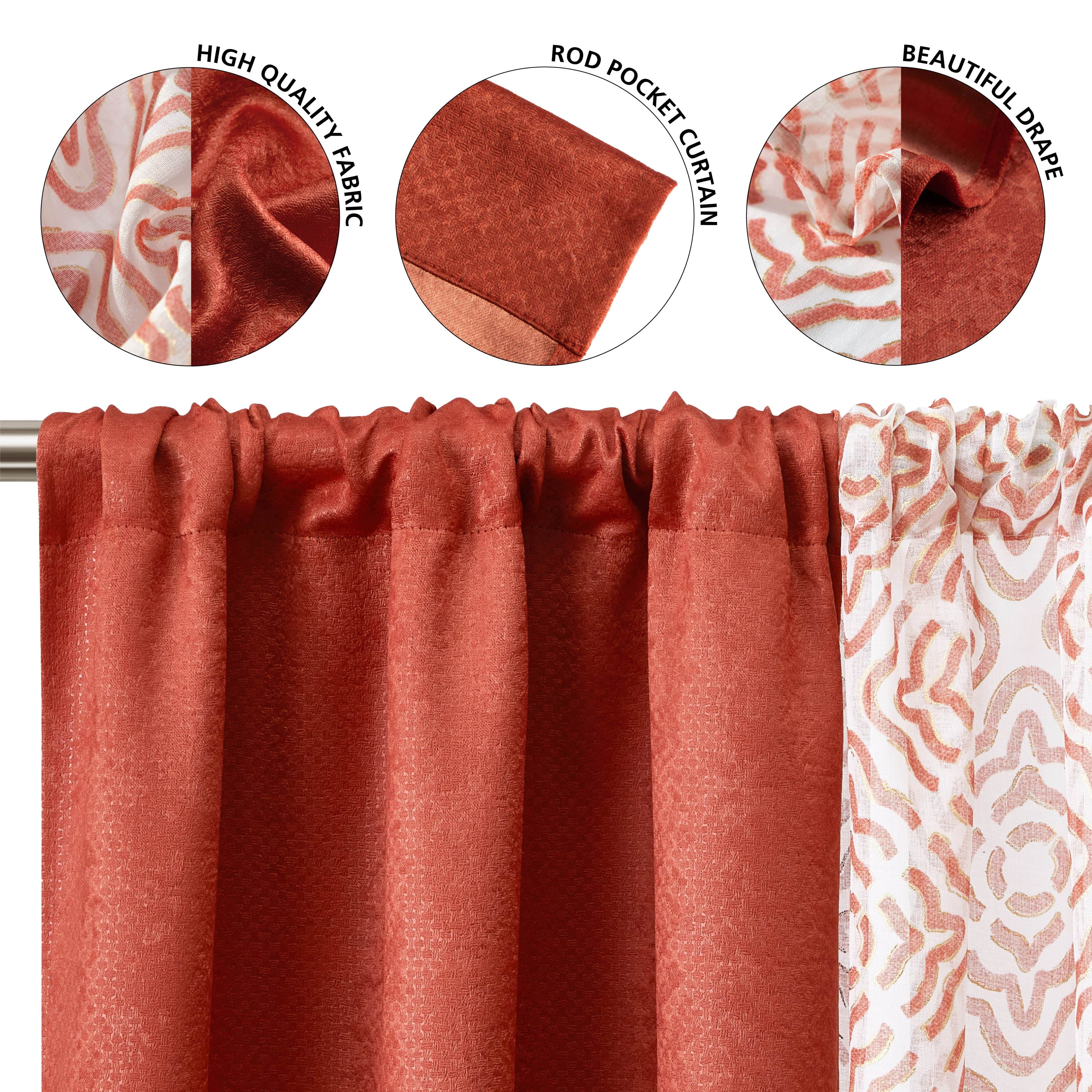 Mainstays Metallic Blackout Curtains and Sheers Set, 4 Panels, Red Canyon, 27.5" W x 84” L