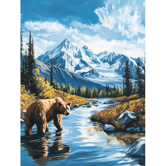 Grizzly Bear Mountain River Canvas Wall Art Print， Suitable for Living Room，Office， Bathroom， and Dining Room Decoration