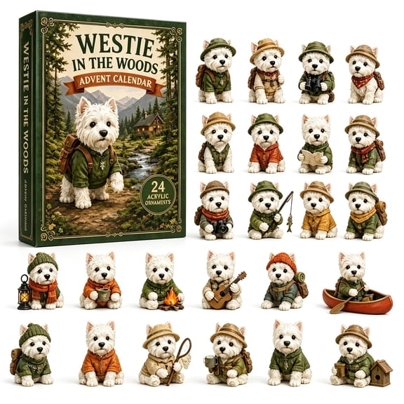 Westie In The Woods Advent Calendar 2026 – 24-Day Countdown with 2D Acrylic Westie Ornaments, Christmas Gift for West Highland White Terrier Fans