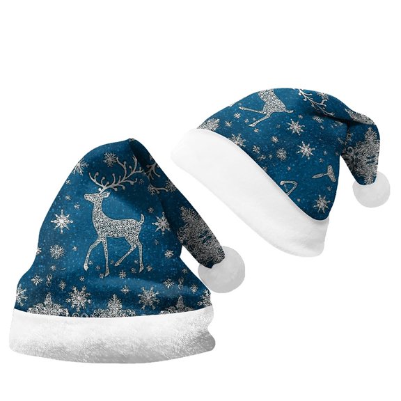 LIZUOJUN Under $5 Santa Hat For Adults Snug Fit White Fur-Trimmed Brim Christmas Cap Christmas Headwear Gift Exchange Long Tail Style Reindeer Snowflake Print Thick Cozy Warmth, M