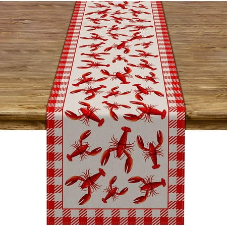 

Crawfish Boil Table Runner Lobster Seafood Boil Themed Buffalo Plaid Check Birthday Kitchen Dining Home Decoration (13.8 x 90 Red and White)