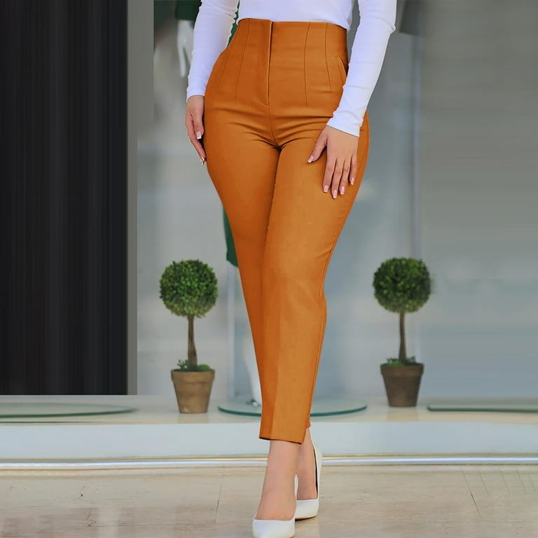 Brglopf Women Solid High Waist Pants Fold Pleated Straight Leg Long  Trousers Work Casual Tapered Ankle Pants with Pockets