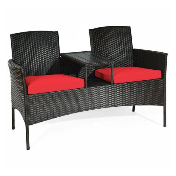 Patio Loveseat Set with Coffee Table, Outdoor Wicker Furniture with Cushions - Modern Backyard Porch Furniture for Small Space