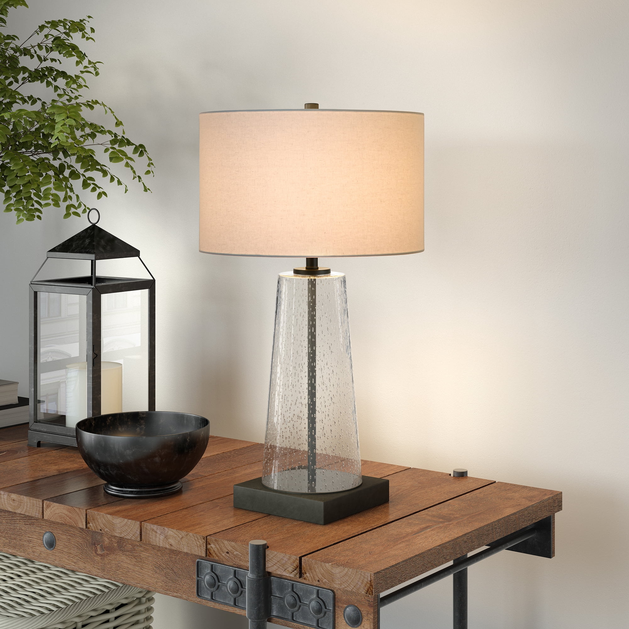Contemporary Elegant Modern Farmhouse Chic Bedside Table Lamp In Clear Glass With Brass Blackened Bronze Accents With Linen Fabric Flax Shade For Bedroom Nightstand Living Room Office Study Walmart Com Walmart Com