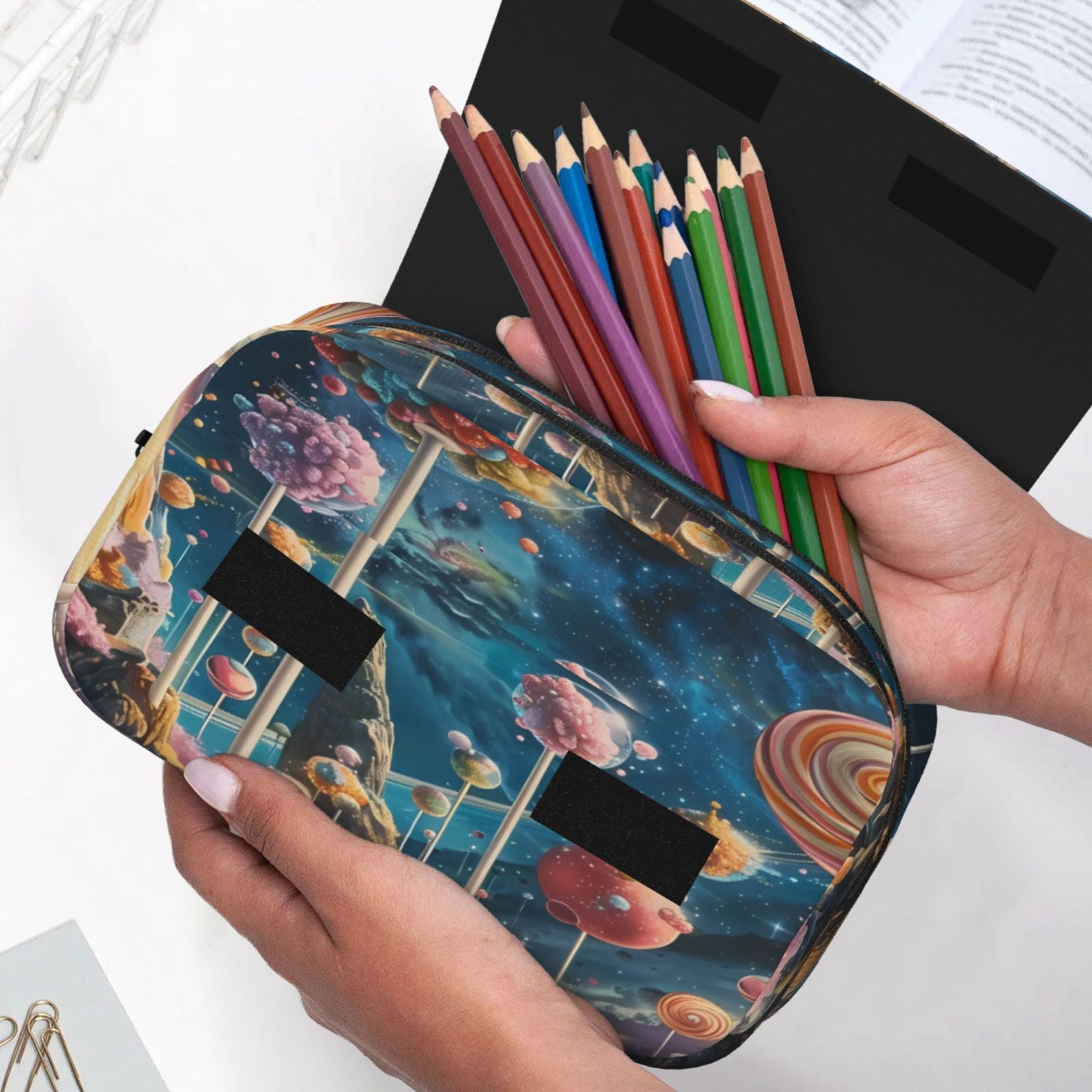 Rateoe Starry Sky Planet Lollipop Pattern Double Clamshell Pen Case, Storage Organizer with Two Zipper Compartments– Holds Up to 50 Pencils & Pens