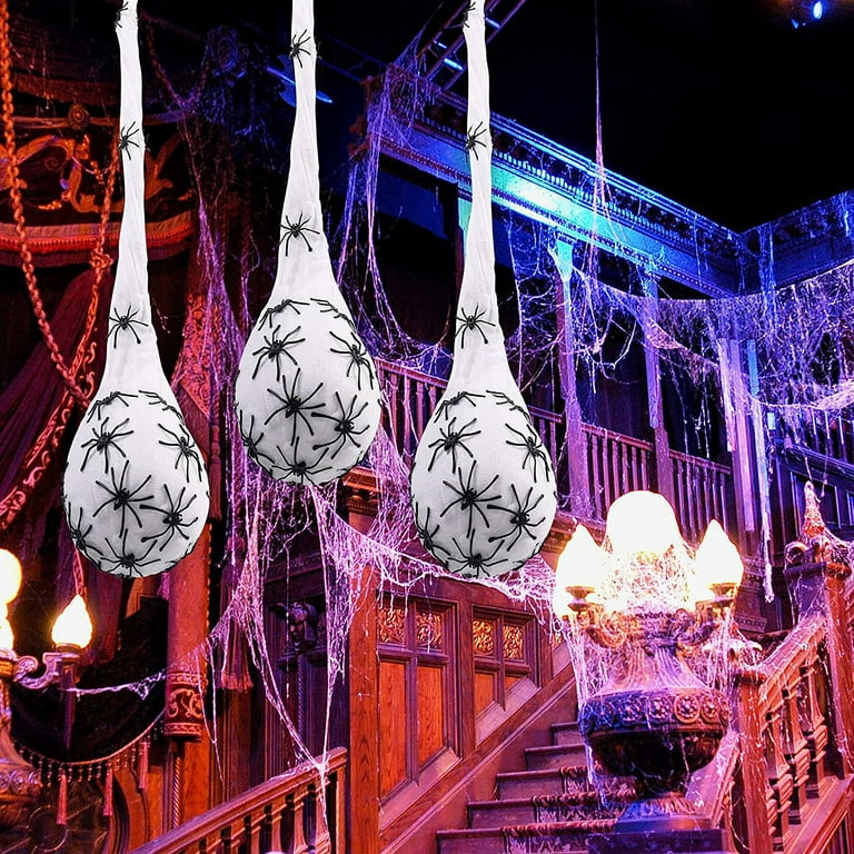 3PCS Halloween Lighted Spider Egg Sacks Hanging Spider Egg Sacs with Spider Web 60 Spiders DIY Halloween Decorations Outdoor and Indoor Yard Tree