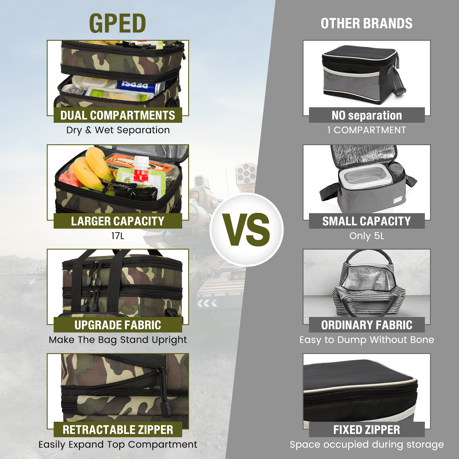 Expandable Insulated Lunch Bag w/ Leakproof Design - 24 Can Capacity, Double Deck Cooler Box with Adjustable Shoulder Strap/Side Pockets for Men & Women - Durable for Work/Travel/Outdoor, Camo Green