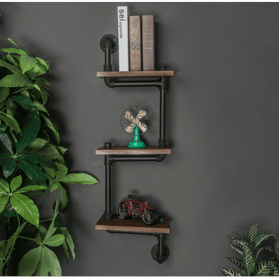 ATT Hardware Industrial Iron 3 Tier Wall-Mounted Pipe Shelves Retro Solid Wood Floating Bracket,Black