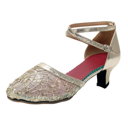 

dmqupv Mesh Rhinestone Sandals For Womens Latin Dance Shoes Heeled Ballroom Salsa Tango Tassel Sandals for Women Female flats-sandals Gold 7.5