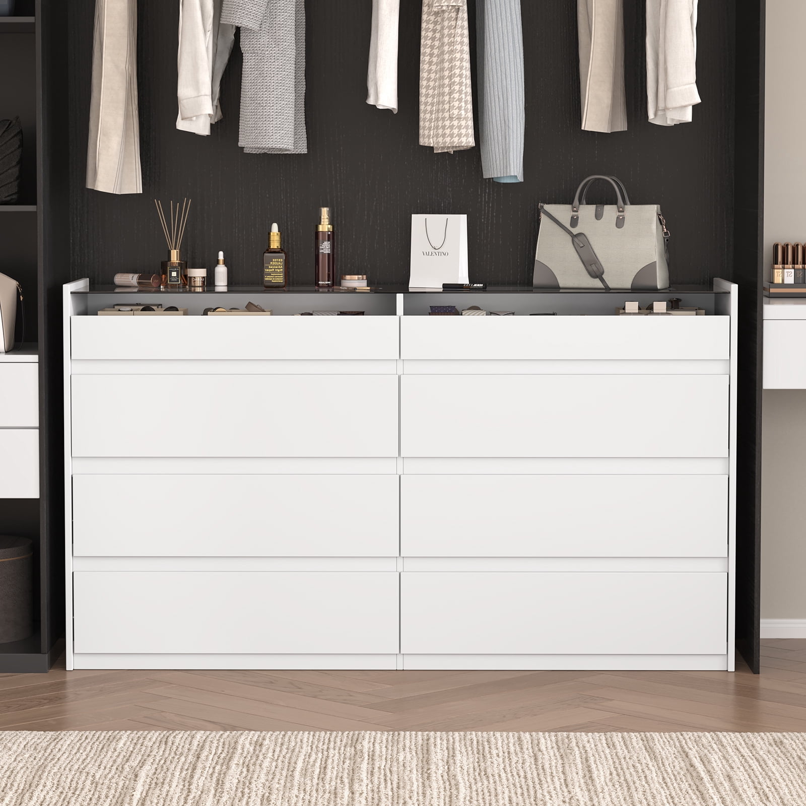 47.2" White 8-Drawer Dresser with LED Light, Modern Storage Chest for Bedroom