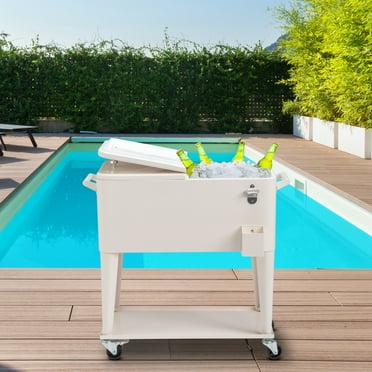 80Qt Trolley Patio Cooler Rolling Cooler Ice Chest with Shelf, Wheels and Bottle Opener, Outdoor Portable Patio Cooler for Patio Party, Camping and BBQ, White