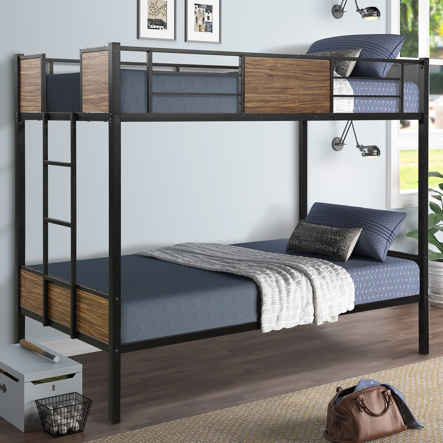 Tbp Twin Over Twin Bunk Bed Modern Style Steel Frame Bunk Bed With Safety Rail Built In Ladder For Bedroom Dorm Walmart Com Walmart Com