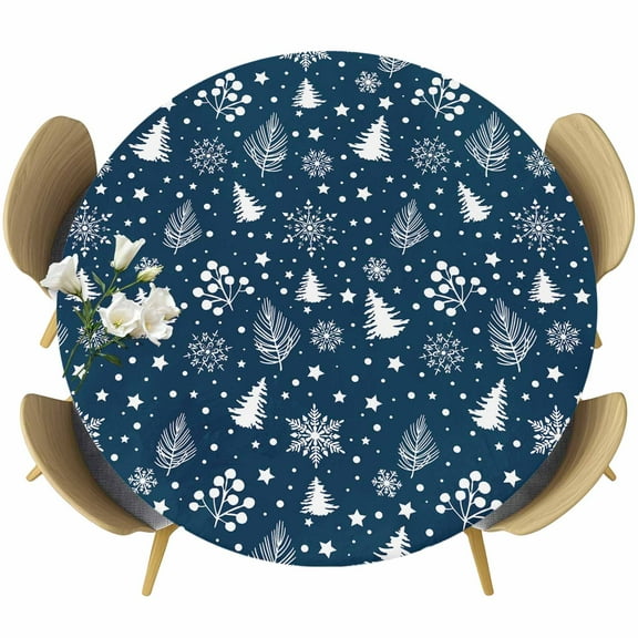 Blue Christmas Round Tablecloth 45-54 Inch Round Fitted Table Cloth with Elastic Edge, Snowflake Xmas Tree Botanical Waterproof Table Cover Protector for Outdoor Picnic Party Dining