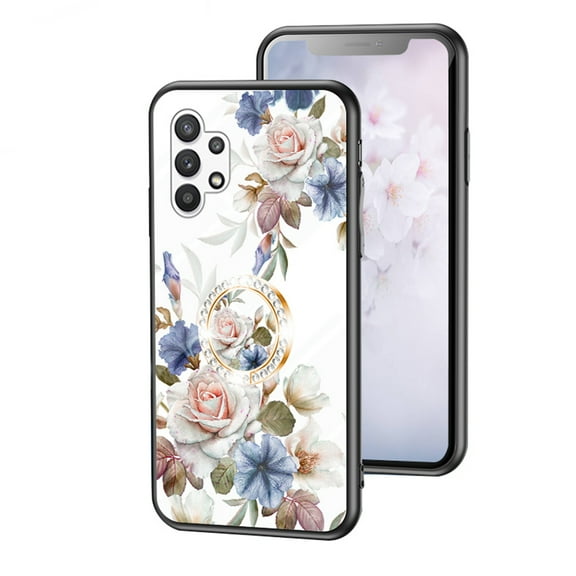Samsung Galaxy A32 5G Case with Diamond Ring Stand, Dteck Lightweight Slim Fit Floral Flower Phone Case for Samsung Galaxy A32 5G - Flowers on White