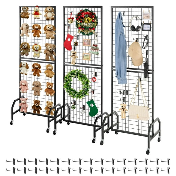 VEVOR 3 Packs Grid Wall Panel 1.9 x 5.4 ft Wire Display Rack with Wheels & Hooks