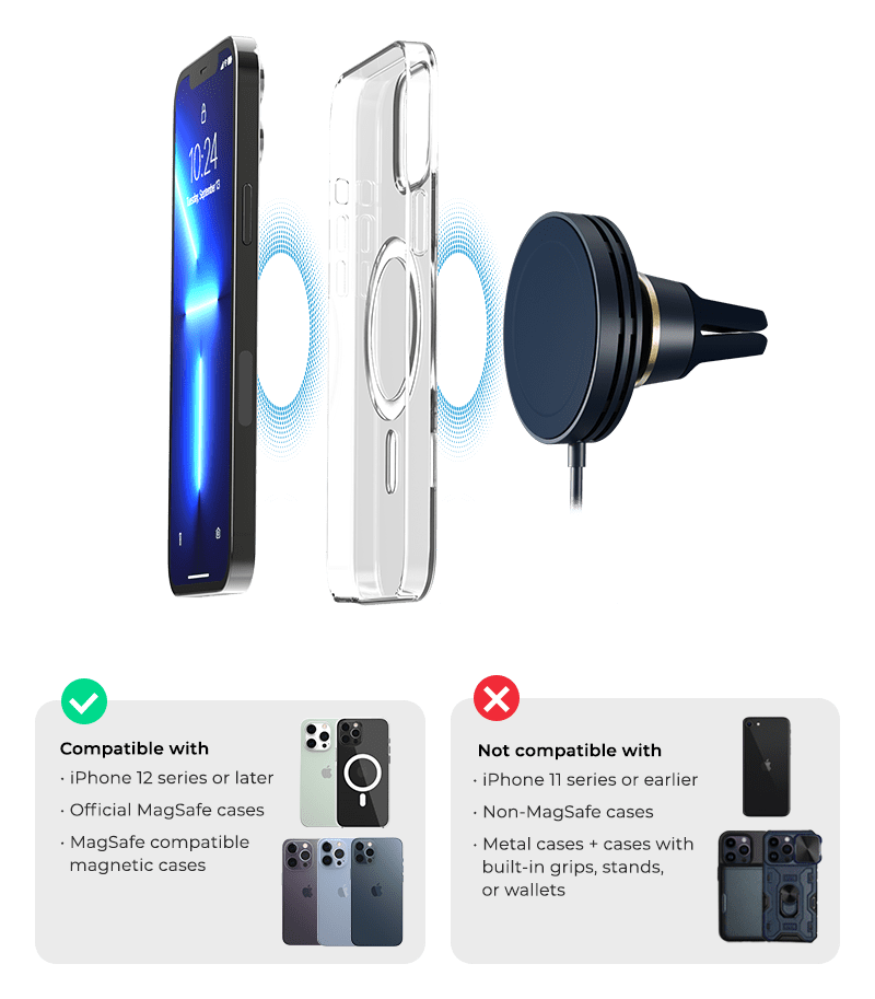 Velox Wireless Mini - MagSafe Compatible Air Vent Car Mount Phone Holder - Blue (Car Charger Included)
