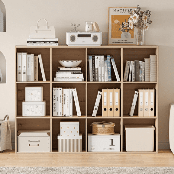 Anhdah 12 Cube Storage Organizer, Cube Bookcase Closed Back Panel Bedroom, Living Room, Home Office, Closet Bookshelves White Oak
