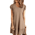 thumbnail image 2 of Robes d'Été pour Femmes à Volants, Manches Courtes, Col en V Smocké, Décontractées, Amples, Ligne A, Évasées, Mini, Robe Soleil, Kaki, P, 2 of 7