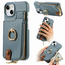 ELEHOLD for iPhone 13 Luxury Leather Wallet Case with Back Flip Card Slots RFID Blocking Zipper Cash Pocket Stand Function Ring Holder Support Magnetic Car Mount Shockproof Case,blue