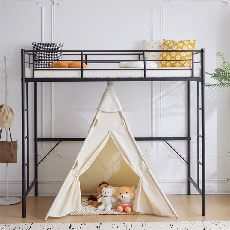 Zimtown Twin Loft Bed with Dual Ladders, Black Metal Frame photo 3