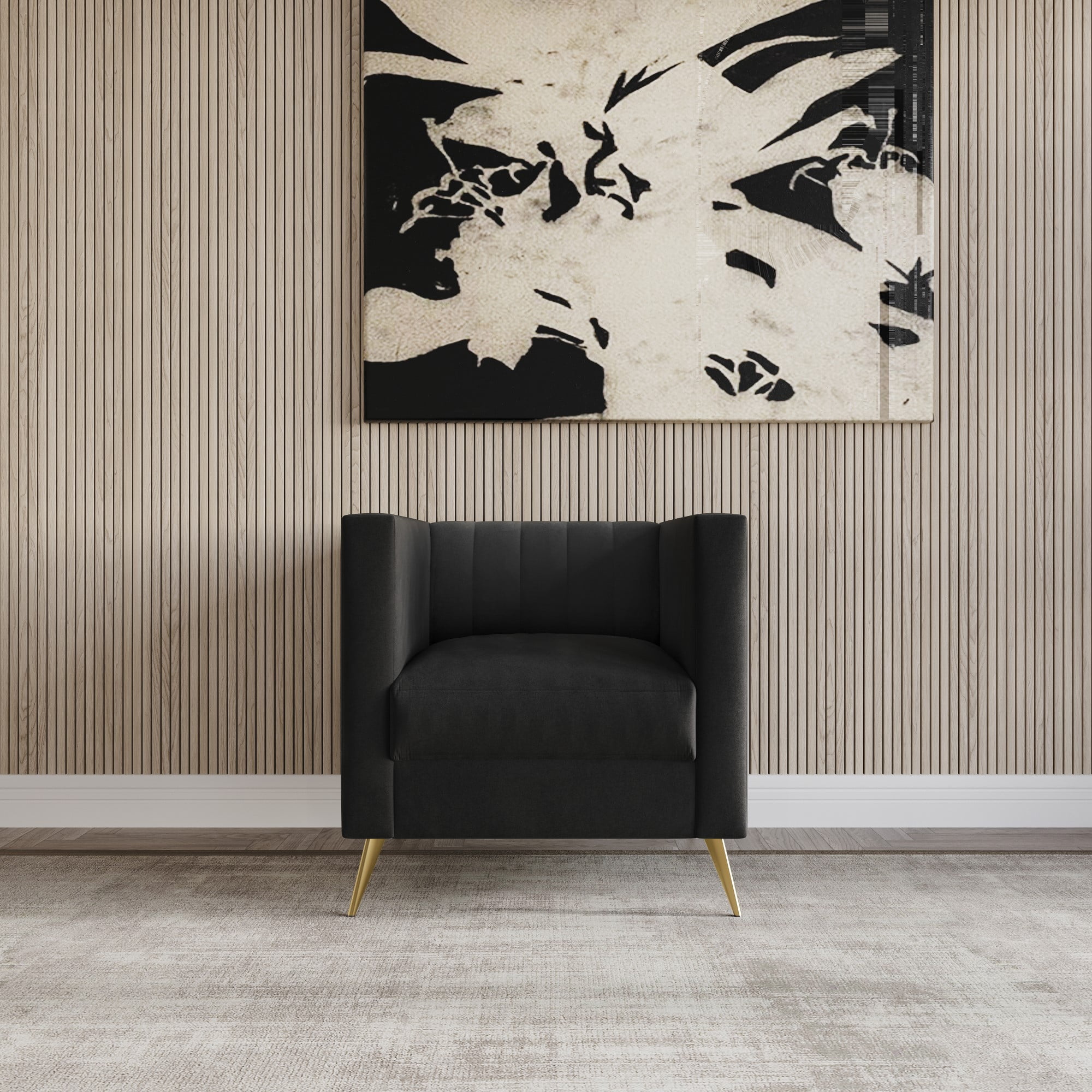 Home Design Weiss Velvet Square Arm Chair with Channel-Tufted Back and Gold Metal Legs, Modern Upholstered Living Room Seating, Black