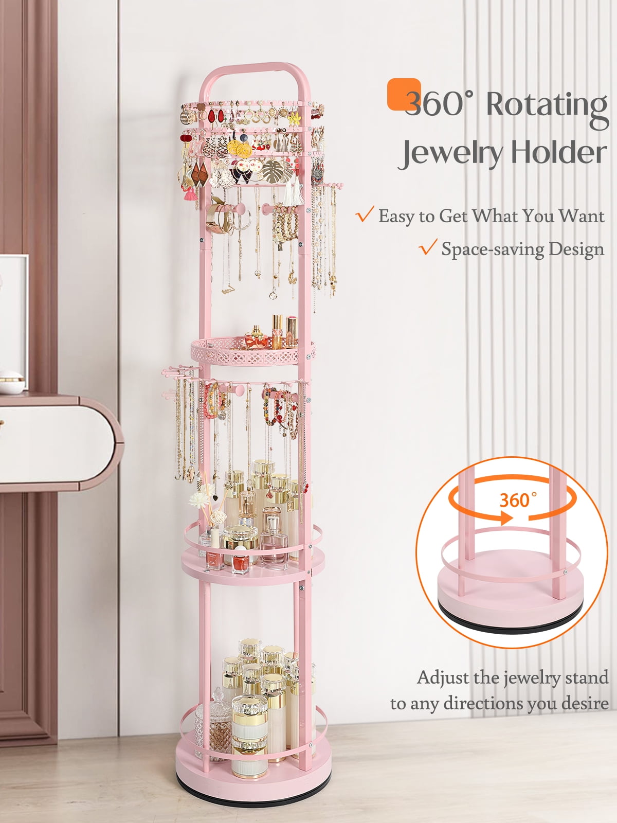 Olakee Rotating Large-Capacity Jewelry Organizer Stand for Earring, Necklace, Bracelet, Ring, Durable Metal & Wood, Girls & Women, Modern, Pink