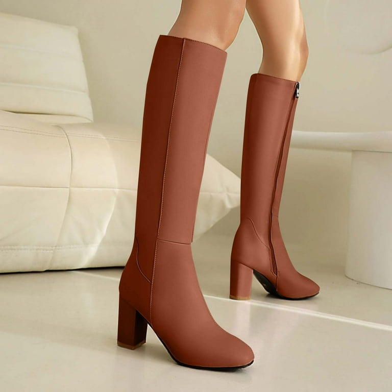 RUIYANQI Women's Knee High Boots Side Zipper Block Heel Faux
