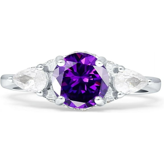 Trilogy Ring Round Pear Teardrop Amethyst Cubic Zirconia White Tone 925 Sterling Silver, Size 5