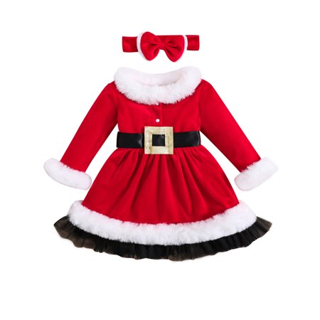 

Girl Christmas Outfit Long Sleeve Furry Patchwork Dress with Headband
