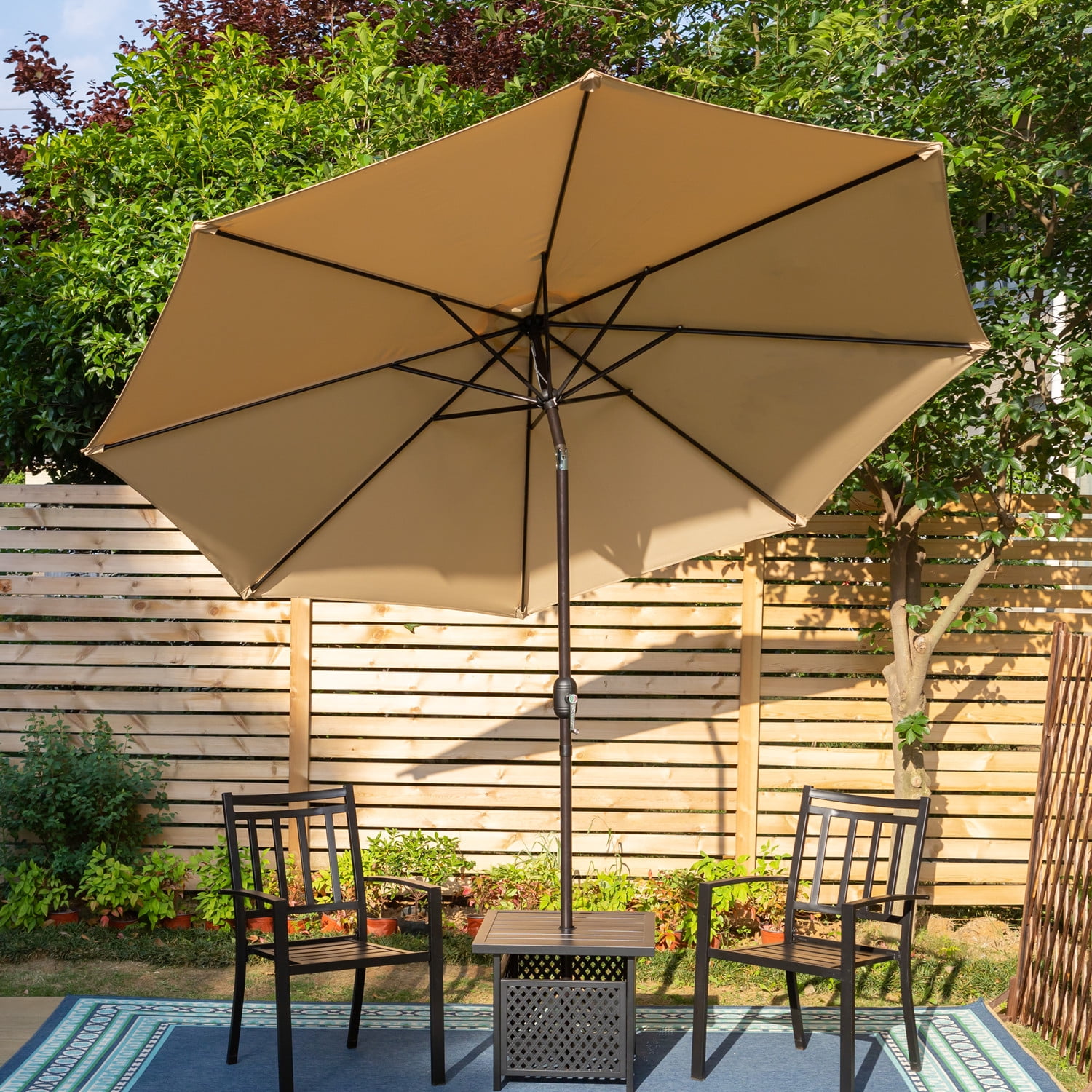 9FT Patio Umbrella Outdoor Market Table with Push Button Tilt Crank and 8 Ribs 