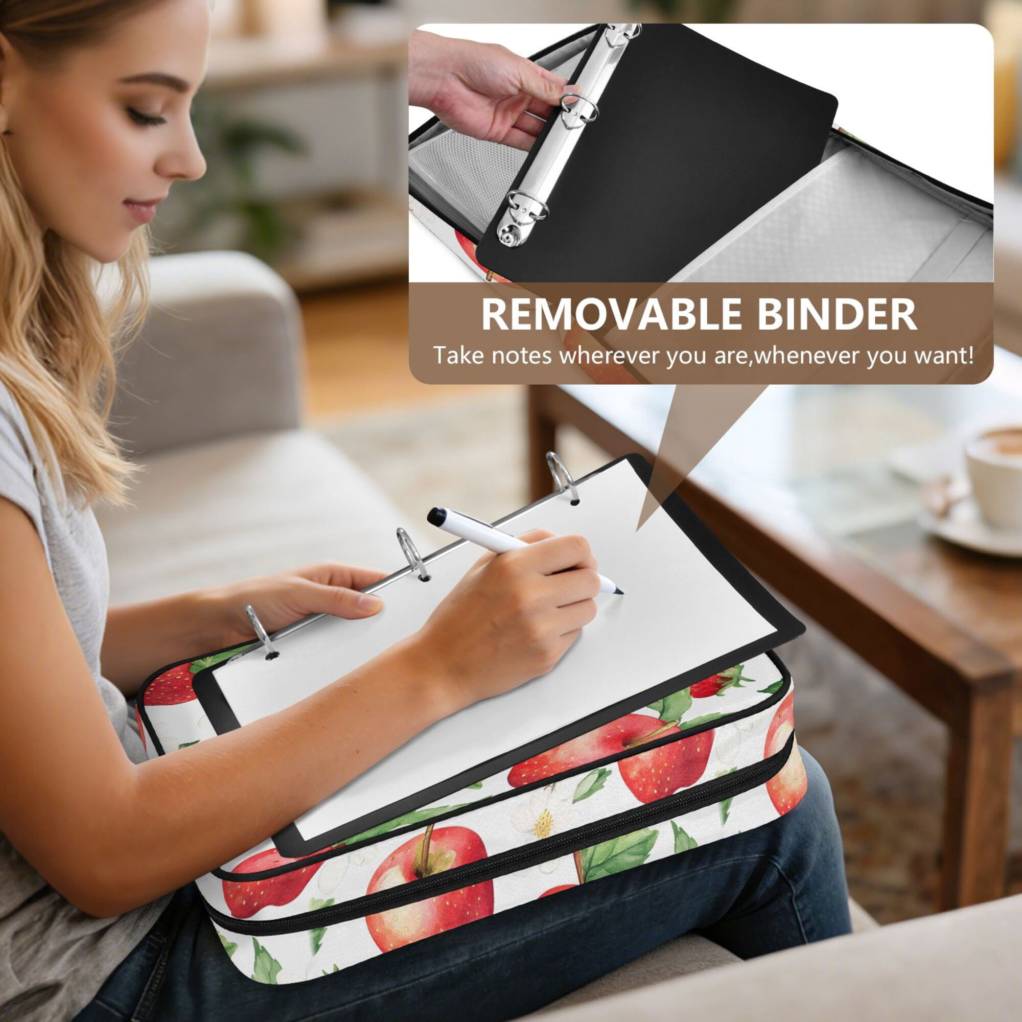 FORMRS Accordion File Folder A4 Size 7-Pocket Expanding Document Organizer Bag with 3 Ring Binder, White Apple Pattern