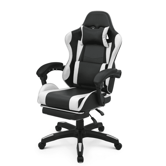 BEZT Rolling Gaming Chair, Ergonomic Faux Leather Computer Seat with Lumbar Support for Adults Teens Desk Chair, White